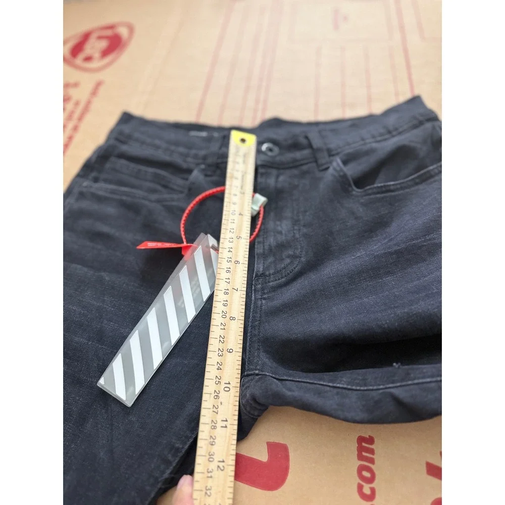 Off-White Slim Fit Black Denim Jeans Orange Checkered Patch Distressed Mens 30